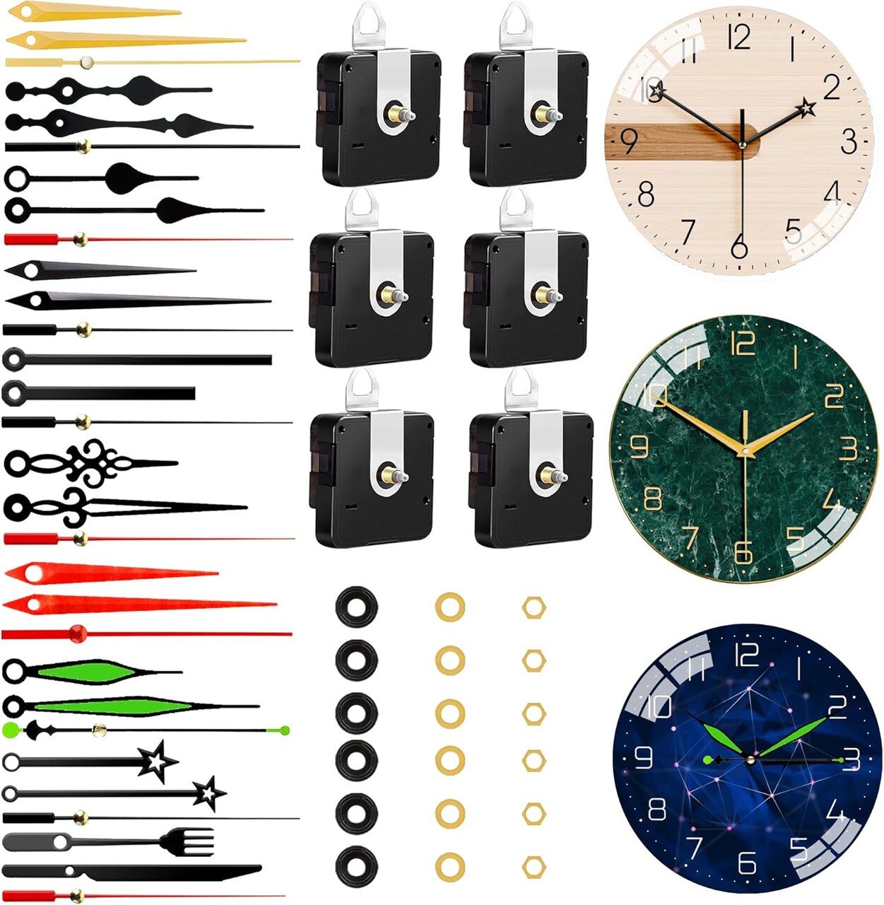 6 PCS Clock Movement Kit High Torque Quartz with 10 Different Pairs of Hands Clock for DIY Repair Clock Parts Shaft Lengths 12mm 15.5mm 21.5mm
